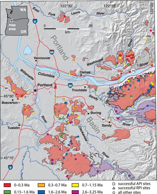 Map showing Boring volcanic rocks in pinkish-orange colour, low-potassium tholeiite flows originating in the Cascade arc to the east in purple, as well as major geographic and cultural features of the region (black squares denote towns and cities and red lines, major roads). Coloured symbols indicate the location of the palaeomagnetic sites as described in the legend. Two sites plot off the map to the east: Site 002 (BL8097) at 45.7549°N, 121.8311°W and Site 013 (T6169) at 45.4156°N, 121.9851°W.