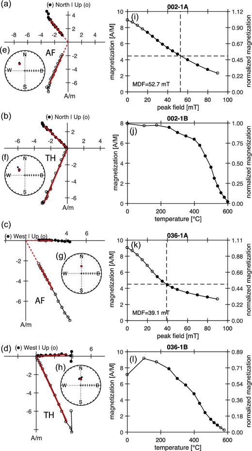 Typical behaviour of thermal and AF demagnetized sister specimens: (a)–(d) orthogonal plots; (e)–(h) stereographic plots; (i)–(l) decay plots. The median destructive field (MDF) corresponds to the AF field for which half of the initial NRM is randomized. The PCA directions are highlighted in red.