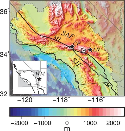 Southern California topography (Becker et al.2009), with major faults indicated as black lines (SAF, San Andreas Fault; SJF, San Jacinto Fault; IM, Imperial fault segment; MJ, Mojave segment). Dashed line and mask indicate regional focus of subsequent analyses (extent of observations from focal mechanisms, see Fig. 2a). Stars indicate locations of stress estimates from other studies discussed in the text (LN, Landers; CP, Cajon Pass; WM, Whipple Mountains).