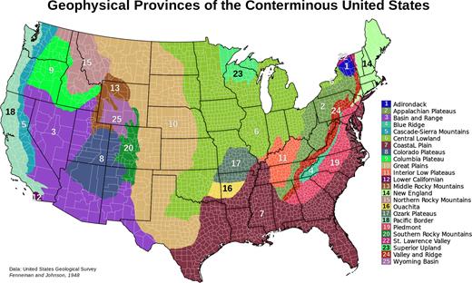 Major geophysical provinces of the US, adapted from https://commons.wikimedia.org/wiki/User:Kbh3rd.