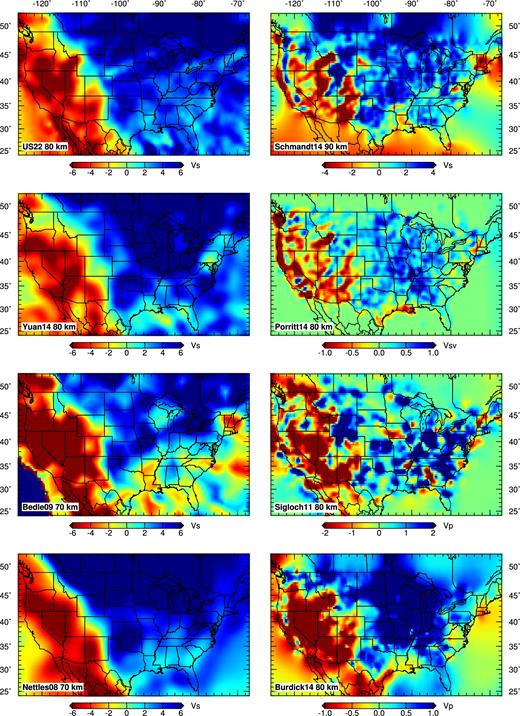 Comparison of the isotropic shear wave-speed structure of US22 with several previous tomographic models at 80 km. Shown are three surface-wave models, namely, Yuan14 (Yuan et al. 2014), Bedle09 (Bedle & van der Lee 2009) and Nettles08 (Nettles & Dziewoński 2008), and four body-wave models, namely, Schmandt14 (Schmandt & Lin 2014), Porritt14 (Porritt et al. 2014), Sigloch11 (Sigloch 2011) and Burdick14 (Burdick et al. 2013). Most models are collected from the IRIS Earth Model Center (EMC) (http://ds.iris.edu/ds/products/emc/).