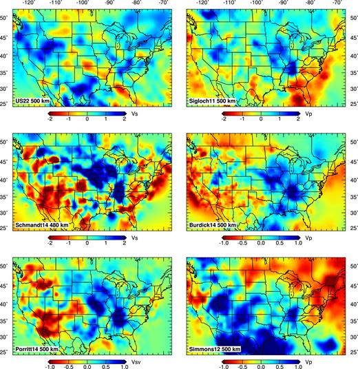 Comparison of the isotropic shear wave-speed structure of US22 with body-wave models at a depth of 500 km. Global body-wave model Simmons12 (Simmons et al. 2012) is also included for comparison.