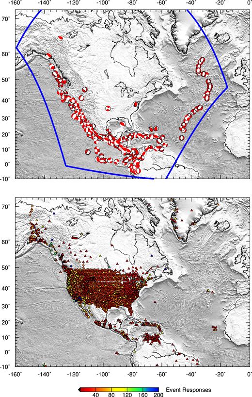 Earthquakes and stations used in the inversion. The top panel shows the distribution of 180 earthquakes. Initial source parameters of these earthquakes are gathered from the global CMT program (www.globalcmt.org). The blue lines denote the SEM simulation region. The bottom panel shows the seismic stations used in this study. The colour of each station indicates the number of earthquakes for which it contributed data.