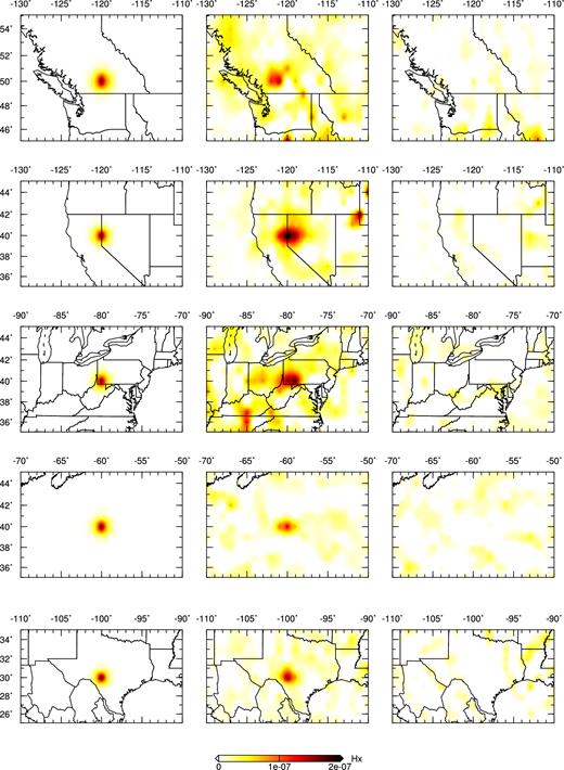 Point-spread function tests at a depth of 200 km. Left panel: locations of Gaussian vertically polarized shear wave speed (βv) perturbations in US22. Middle and right panel: point-spread functions with respect to vertically and horizontally polarized shear wave speeds, respectively. Note that there is little trade-off between βv and βh. From top to bottom are results for southern British Columbia, western Nevada, southwestern Pennsylvania, the western Atlantic, and southwestern Texas, respectively.