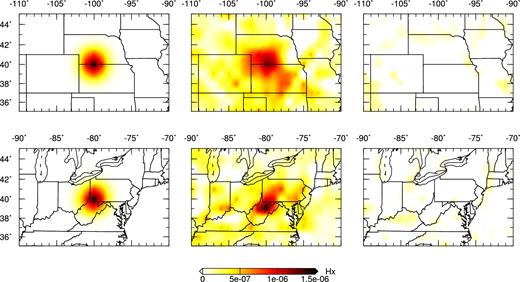 Map views of point-spread function tests at a depth of 500 km. Left panel: locations of Gaussian perturbations in US22 for the central and eastern US. Middle and right panel: point-spread functions with respect to vertically and horizontally polarized shear wave speeds, respectively.
