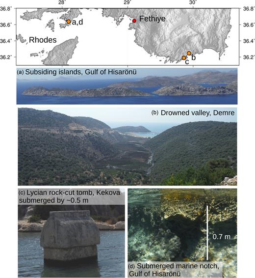 Geomorphological and archaeological evidence for subsidence of SW Turkey. Top panel: locations of sites. (a) Islands in the Gulf of Hisarönü with a coastal morphology that suggests they are subsiding. (b) A drowned valley W of Demre. (c) Lycian rock-cut tomb (∼2300 yr old; Anzidei et al. 2011), with its base at ∼0.5 m below present-day mean sea level. (d) Submerged marine notch in the Gulf of Hisarönü; this probably formed at sea level but its base is now ∼0.7 m below sea level.