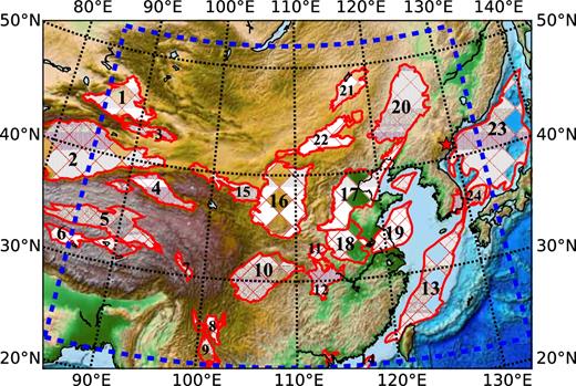 The blue dashed box encloses the study region in which stippled areas identify the sedimentary basins, which are named in Table 1. The red star is the location of the source for the 3-D simulation near the North Korea nuclear test site.