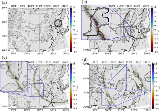 Wavefield snapshots at times t = 120, 460, 700 and 1020 s. (a) At t = 120 s, the wave front is still approximately circular. (b) At t = 460 s, the wave front is traveling through the Bohaiwan and Subei basins and has been greatly distorted. (c) At t = 700 s, a secondary wave front has been generated where amplification occurs, shown in the inset. (d) At t = 1020 s, the Sichuan basin's impact on the wave front is apparent.