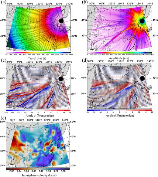 Plots of 10 s Rayleigh wave measurements in the 3-D simulation through the China Reference Model of (a) traveltime, (b) amplitude and (c) angular difference between the propagation direction and the local great circle direction. (The angle is defined in polar coordinates with the axis pointing to the East, counterclockwise direction is positive.) (d) Angular difference between 2-D ray tracing propagation direction and the local great circle direction. (e) Input phase velocity map (10 s Rayleigh wave) for the ray tracing computation in (d).