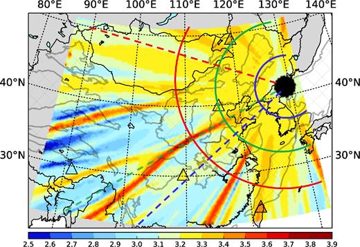 Surface wave (Ms) map (10 s), computed using Russell's formula (Russell 2006) from the amplitude map (Fig. 6b) taken from the 3-D simulation through the China Reference Model. The colour of the triangles indicates Ms measurements extracted from real data (2006 DPRK Nuclear Test, Pasyanos, private communication, 2017). For comparison, as in Fig. 1, the mean of the measurements has been shifted to the mean of the predictions. The coloured solid and dashed lines mark locations for the azimuthal- and distance-dependent curves shown in Fig. 8.
