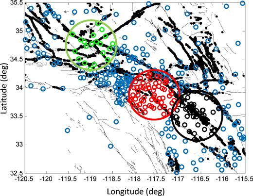 A location map with main faults (black) and seismic stations of the southern California seismic network (circles) used for the time period 2016 June 11–13. Green, red and black circles with 50 km diameter define three subarrays with 20 (green), 60 (red) and 103 (black) stations. The presented beamforming analysis is performed for a total of 375 subarrays with at least 15 stations.