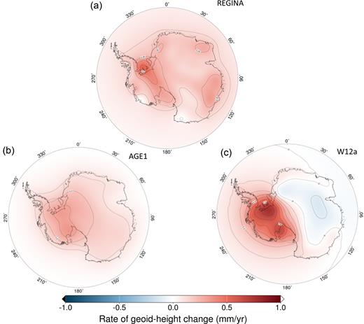 Spatial rate of geoid-height change (mm yr−1) for (a) the GIA estimate of REGINA, (b) the GIA estimate AGE1 (Sasgen et al.2013) and (c) the GIA prediction W12a (Whitehouse et al.2012).