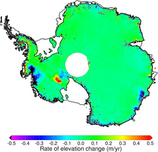 Envisat/ICESat rate of elevation change for 2003–2009 (m yr−1). Data are corrected for the rate of firn compaction, hcomp, based on firn compaction module of RACMO2/ANT (Ligtenberg et al.2011). Effects from snow accumulation are not removed. For details see REGINA paper I (Sasgen et al.2017).