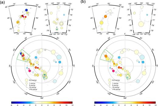 Uplift rates in Antarctica, for (a) 108 available GPS sites, and (b) 42 clusters after application of the clustering algorithm with a threshold distance of 200 km. Symbol colour denotes uplift rate (mm yr−1) and symbol area denotes 1σ confidence limit