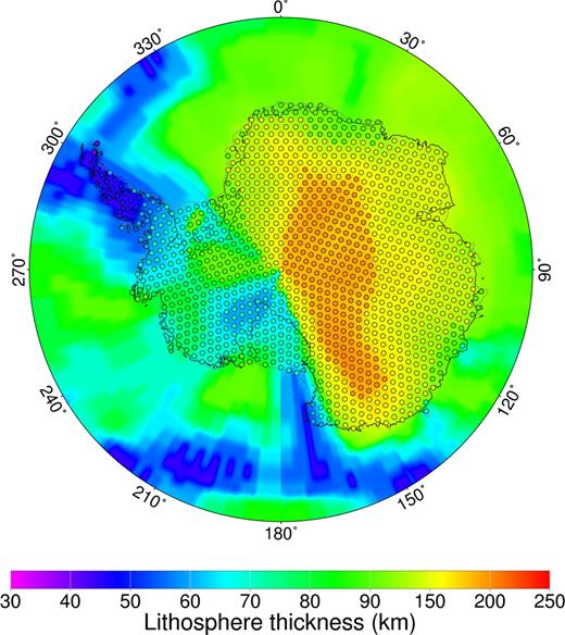 Thickness of elastic lithosphere (km) for the Antarctic region, as derived from Priestley & McKenzie (2013), and the thickness assigned in the inversion associated with the viscoelastic response function (circles).