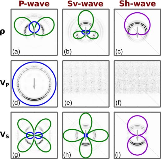 Scattering patterns of elastic waves for the (ρ, Vp, Vs) parametrization. From left to right, each column presents the interaction of a P (a,d,g), Sv (b,e,h) and Sh (c,f,i) incident plane wave with, from top to bottom, a ρ (a–c), Vp (d–f) and Vs (g–i) scattering point. For the seven different interactions, the analytical radiation patterns computed in the framework of the Born approximation (Wu & Aki 1985; Tarantola 1986) are superimposed on the scattered wavefields that have been computed numerically. Arrows indicate the direction of the incident plane wave (black for P wave, red for Sv wave and red–black for Sh wave). Radiation patterns are plotted in blue, green and purple for the P, Sv and Sh scattered modes, respectively.