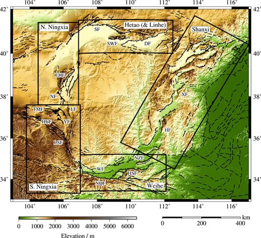 Active faults at the margins of the Ordos Plateau. Black boxes and labels indicate the five regions discussed in this paper. Faults were mapped from satellite imagery (source: http://earth.google.com) and based upon earlier fault maps from Tapponnier & Molnar (1977), Deng et al. (1984), Zhang et al. (1986), The Research Group on Active Fault System around Ordos Massif (1988), Zhang et al. (1990), Xu & Ma (1992), Deng & Liao (1996), Darby & Ritts (2002), Yu (2004), Darby et al. (2005) and Deng et al. (2007). Faults that are inferred or show no evidence of Quaternary activity are marked by dashed lines. Faults are labelled as follows: DF Daqingshan Fault; DFF Danfeng Fault; EHF East Helanshan Fault; HF Huoshan Fault; HSF Huashan Fault; HYF Haiyuan Fault; LF Luoshan Fault; LNF Luonan Fault; LSF Liupanshan Fault; NF Niushoushan Fault; NQF North Qinlingshan Fault; NZF North Zhongtiaoshan Fault; SF Seertengshan Fault; SWF South Wulashan Fault; TMF Tianjinshan-Miboshan Fault; WF Weihe Fault; XF Xizhoushan Fault; YF Yantongshan Fault.