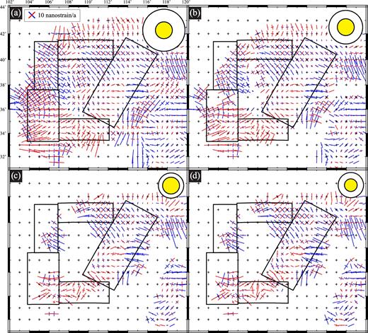 (a) Strain rate field calculated on a regular 0.5° grid from the 348 stations with residuals < 1 mm a−1 (see Fig. 3d). Black boxes indicate Kostrov regions. Crosses indicate orientation and magnitude of maximum and minimum horizontal strain rate; blue indicates extension and red indicates contraction. Yellow circle indicates value of α (radius of circle is 80 km) and white circle indicates value of rmax (radius of circle is 200 km). (b) Same as (a) with α = 80 km and rmax = 160 km. (c) α = 80 km and rmax = 120 km. (d) α = 60 km and rmax = 120 km.
