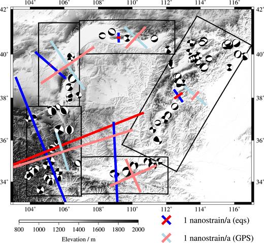 Comparison between Kostrov summations and GPS-derived strain rates. Black boxes indicate Kostrov regions. Brighter coloured crosses indicate orientation and magnitude of maximum and minimum horizontal strain rate from Kostrov summations; paler coloured crosses indicate orientation and magnitude of maximum and minimum horizontal strain rate, calculated from the GPS data within each Kostrov region. Blue indicates extension and red indicates contraction. Note that the scale is exaggerated 10 × for the Kostrov strain rate cross in the Hetao Graben. Inferred focal mechanisms for our catalogue of historical earthquakes around the margins of the Ordos Plateau (see Table 1) are shown in black. The observed mechanisms are consistent with the pattern of faulting expected from the geodetic strain rates in South Ningxia and Shanxi, but not in North Ningxia, Hetao or Weihe (see Table 2).