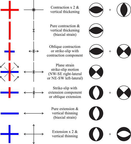 Examples of strain rate crosses to show how they illustrate different patterns of strain. Red bars indicate contractional principal strain rates; blue bars indicate extensional principal strain rates (only horizontal components are shown). Focal mechanisms indicate patterns of faulting that could accommodate the given strain rates. Note that for the strike-slip mechanisms there is an ambiguity between right-lateral motion on northwest-southeast fault planes and left-lateral motion on northeast-southwest fault planes; for the dip-slip mechanisms either nodal plane could be the fault plane.