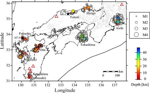 Seismicity map of SW Japan for the areas with observed dynamic triggering. Grey circles represent earthquakes from the JMA catalogue, selected for a radius of 30 km around the first manually detected events after the Tohoku-oki main shock, for each of the triggered regions, for a time interval of 60 d before and after the 2011 March 11 Tohoku-oki earthquake. The coloured circles show the seismic activity (JMA catalogue and manual detections) during the first week after the main shock, as explained in the main text. Black stars show the epicentres of the 2000 M6.6 Tottori earthquake and the 2005 M7.0 Fukuoka earthquake, respectively. Dashed rectangles, in Kyushu, mark the same areas as in Figs 4 and 8. Red triangles represent volcanos.