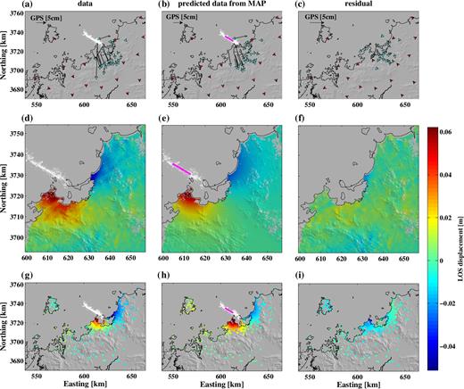 Model prediction and residuals using the maximum a posteriori fault parameters. (a) Data, (b) model prediction, (c) residuals for the GPS horizontal data, (d)–(f) for the track 246 data and (g)–(i) for the track 17 subsampled point-target data. The aftershocks are shown as white dots. The surface projection of the best-fitting source fault (MAP), which is close to vertical, is shown in purple; and the thick line marks the upper edge of the fault.
