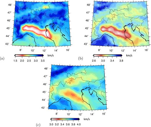 Rayleigh-wave phase-velocity maps of Kaestle et al. (2018), at periods of (a) 6 s, (b) 16 s and (c) 25 s.