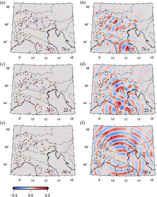 Snapshots of ray-theory time-reversal simulations of real earthquake data, in the 4-to-8 s (left) and 20-to-30 s (right) period bands. Snapshots were selected at the same times as in Fig. 9. All symbols are defined as in Fig. 9.