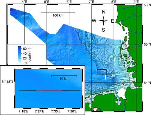 Bathymetry of the German sector of the North Sea (http://www.gpdn.de) with survey area (black rectangle) located North West of Heligoland in the Elbe palaeovalley. Inlay: Survey area with CSEM profile (red) and MCS line AUR03-23a (black); water depth along the profile is about 41 ± 0.5 m.