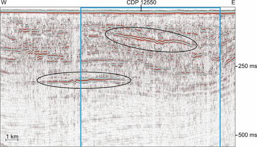 Stacked section of line AUR03-23a (black line in Fig. 1). This profile is characterized by two pronounced reflections, marked with ovals. In the following we refer to this as the upper reflector upR and the lower reflector loR, respectively. Also shown is the common depth point location (12550) where AVO modelling was performed for the upper reflector (see Section 2.2). The window were the CSEM profile overlaps with the seismic profile is marked with a blue frame.
