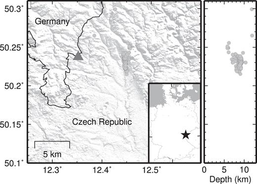 Map of the West Bohemia/Vogtland area at the Czech-German border. Shown is the position of the borehole (triangle). Locations of earthquakes from 2014 June to August with 0 ≤ ML ≤ 1 are plotted as grey dots. A latitude-depth section of the earthquakes is shown on the right.