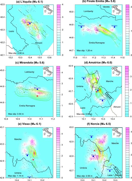 Comparison between the pattern of productivity of the direct offspring along the rupture areas (contour images) inferred by the FS ETAS model and coseismic slip (contour lines) for the (a) L’Aquila, (b) Finale-Emilia, (c) Mirandola, (d) Amatrice, (e) Visso and (f) Norcia events. The values of the coseismic slip from zero to the maximum for each event are shown by contour lines from green to red in rainbow colors. The red stars represent the epicentre of the corresponding major earthquake and the blue dots represent the locations of towns and cities in the area. The small black dots mark the locations of small events that occurred shortly after the corresponding major events. The traces of active faults are also plotted.