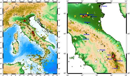 (Left-hand panel) Epicentre map of seismicity of ML ≥ 2.9 in the Italy region during the period from 2005 April 17 to 2017 January 27 and (right-hand panel). An enlarged map of the northern and central areas where the six major events were located. The red stars with numbers mark the six major earthquakes (ML ≥ 5.5) listed in Table 1.