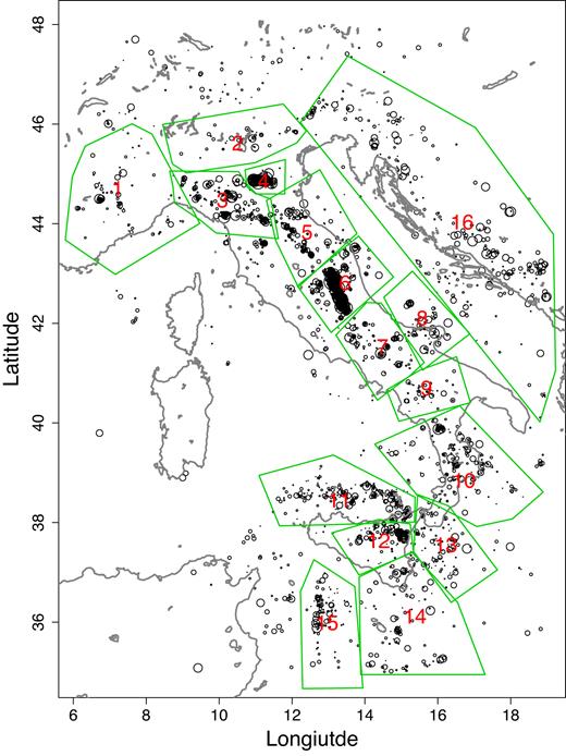 Subregions for studying background seismicity in Italy.