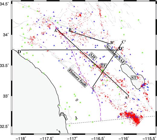 Map of the southern California plate boundary region. The blue, green and purple triangles show stations at which body wave, surface wave and both data sets are available, respectively. Red dots show earthquakes for body wave data used in this study. Major faults are shown as fine grey lines. The magenta dashed line shows the Peninsular Range compositional boundary. Black lines show the cross-sections in Figs 3 and 11. SAF, San Andreas Fault; TF, Trifurcation Area; SJF, San Jacinto Fault; ST, Salton Trough.