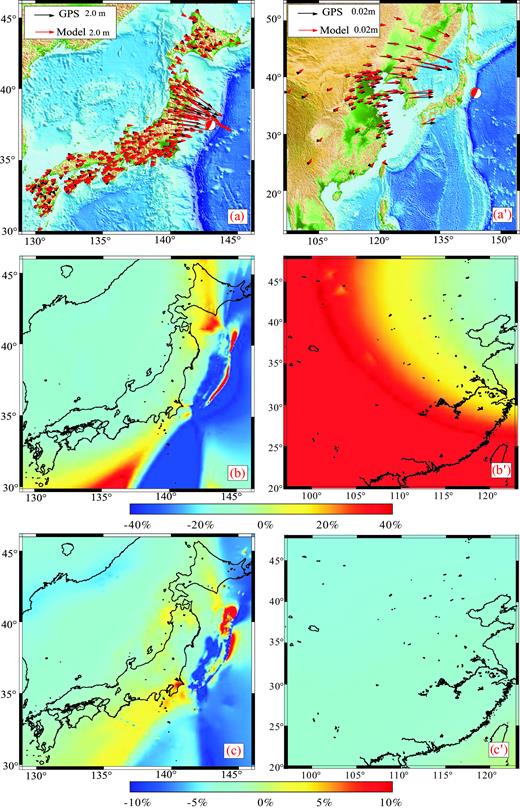Coseismic displacements due to the occurrence of the 2011 Japan Tōhoku earthquake. (a–a’) Coseismic horizontal displacement by Tōhoku earthquake in Japanese and in northeastern China regions, respectively; (b–b’) Relative error of horizontal coseismic displacement due to without considering the effect of the Earth's ellipticity, heterogeneity and topography in Japanese region and in northeastern China region, respectively; (c–c’) Relative error of horizontal coseismic displacement induced by considering the Earth's topography in Japanese region and in northern China region, respectively. The absolute error is equal to the results obtained with the spherical model subtracted from those obtained with the complex model created in CRUST 1.0 with topography. The relative error is equal to the ratio between the relative error and the result obtained with the spherical model.