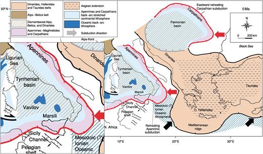 Present geodynamic framework adapted from Carminati & Doglioni (2005). The red line corresponds to the present day subduction zone separating the African and the Eurasian continental plates. The composition of the Tyrrhenian Sea is mostly uniform, with two small patches of oceanic crust. The Adriatic (east of Italy) and Ionian (south of Italy) seas display heterogeneous composition due to the crossing of the subduction zone through these areas. The inset on the left-hand side shows the study area of the GEOHALO mission. The exact position of the plate boundary is still under debate (see the text and Fig. 7).
