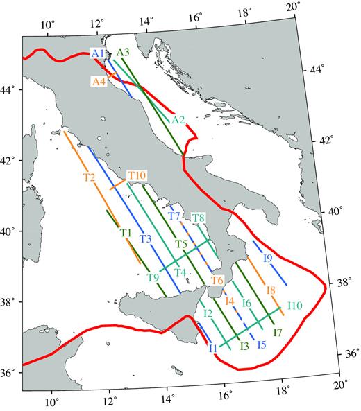 Overview of all profiles in the Tyrrhenian Sea (T1 to T10), the Ionian Sea (I1 to I10) and the Adriatic Sea (A1–A4). The thick red line denotes the plate boundary taken from Carminati et al. (2012).