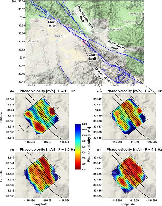 Phase velocity maps at four different frequencies obtained from DBF (Roux et al. 2016) on top of the local topography (Map data, Google, 2018). The black dots show the station configuration, the colour dots the local phase velocity. The thick black line indicates the surface trace of the Clark fault. The top panel (a) shows the general tectonic context of the studied area (red square) on a topography map of the Trifurcation area of the SJFZ (Map data, Google, 2018). The blue lines are the regional fault traces with their names. (b) 1.5 Hz, (c) 2.0 Hz, (d) 3.0 Hz and (e) 4.5 Hz.