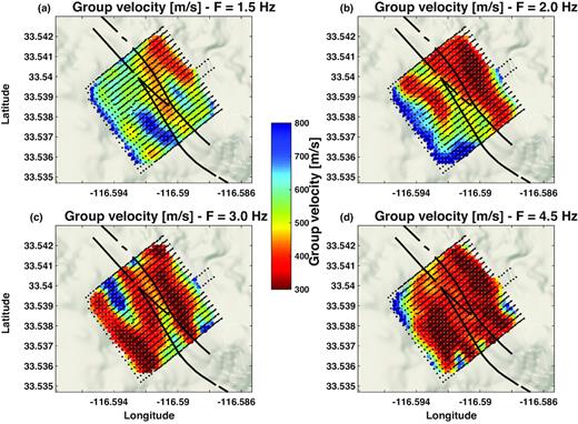 Group velocity maps at four different frequencies obtained from DBF (Roux et al. 2016) on top of the local topography (Map data, Google, 2018). The black dots show the station configuration, the colour dots the local group velocity. The thick black line indicates the surface trace of the fault. (a) 1.5 Hz, (b) 2.0 Hz, (c) 3.0 Hz and (d) 4.5 Hz.