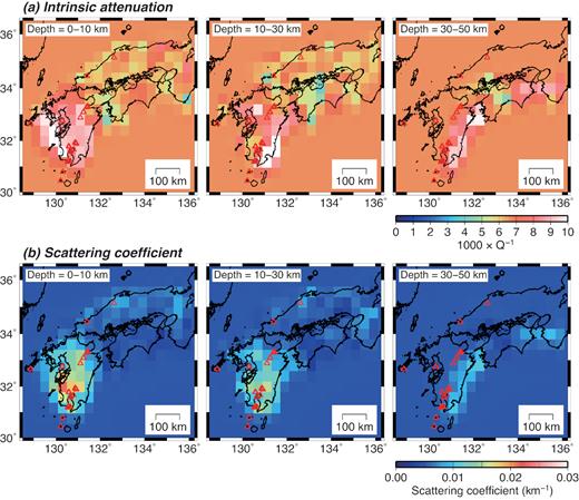 Estimated 3-D distributions of the (a) inverse of the intrinsic attenuation factor ${{{Q}}^{{\rm{ - 1}}}}$ and (b) scattering coefficient ${{{g}}_{\rm{0}}}$ obtained in step 2. Left-hand panels show the first layer (0–10 km depth), centre panels show the second layer (10–30 km) and right-hand panels show the third layer (30–50 km). Red triangles denote active volcanoes listed in the Japan Meteorological Agency (2013) catalogue.