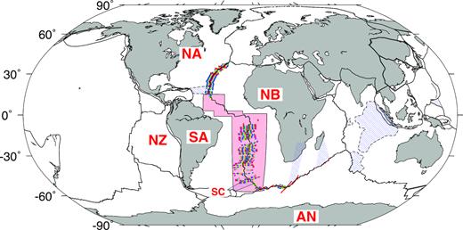 Southern Atlantic Ocean basin study area (pink region) displayed in subsequent figures. Coloured circles along the spreading centres that separate the Nubia plate from Antarctica and North and South America show the locations of ∼19 000 identifications of magnetic reversals 1n (0.78 Ma) through 13no (33.7 Ma) used in this study for high-resolution reconstructions of motions between the Nubia, South America, Antarctica and North America plates. Plate name abbreviations are as follows: AN - Antarctic; NA - North America; NB - Nubia; NZ - Nazca; SA - South America; SC - Scotia.