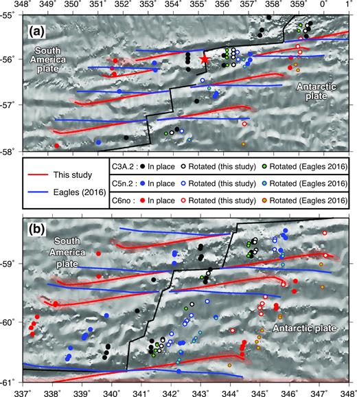 Fracture zone flow lines and chron C3An.2, C5n.2 and C6no reversal identifications on the Antarctic and South America plates reconstructed using noise-reduced rotations from Table 4 and from Eagles (2016; blue). The red-shaded areas along the reconstructed flow lines are the 1σ uncertainties propagated from the noise-reduced rotation covariances. The areas shown in (a) and (b) are included within the black rectangle identified in Fig. 17(b). All reversal identifications are from Eagles (2016).