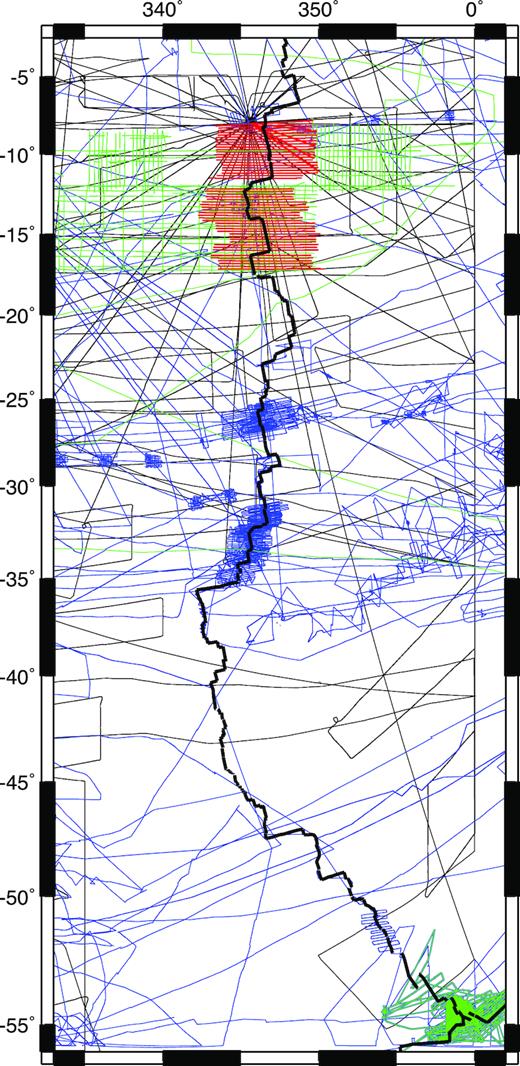 Ship and airplane tracks for all cruises and flights used for the analysis. The red lines are aeromagnetic flight tracks described by Brozena (1986); the green lines are tracks from Russian sources; the black lines are Project Magnetic aeromagnetic flight tracks and the blue lines are tracks for cruises available from the National Geophysical Data Center.