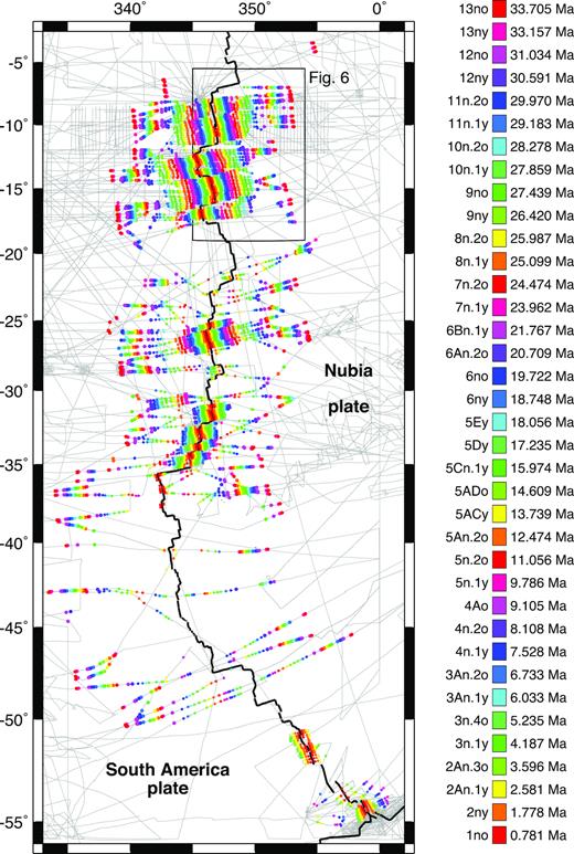 Magnetic reversal identifications used for the analysis consisting of 6952 crossings of chrons C1n (0.781 Ma) to C13 (33.73 Ma). The grey lines show the ship and airplane tracks from Fig. 2. The rectangle delineates the region shown in Fig. 6. The letters ‘o’ and ‘y’ that are appended to the magnetic reversal identifiers, respectively, indicate the reversal’s old or young edge (also see Table S1 of the Supporting Information).