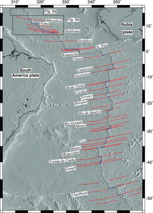 Fracture zone flow lines (red) and transform faults (blue) used for the analysis. The fracture zone crossings, which we digitized from GeoMappApp bathymetry (Carbotte et al.2004), are overlaid on seafloor bathymetry extracted from Version 17.1 of a global seafloor grid (Smith & Sandwell 1997). Fracture zones south of and including the Marathon fracture zone at 12.6°N were used to estimate the Nubia–South America rotations (see the text). The long-offset Vema and Romanche fracture zones were excluded from the analysis. Fracture zone names are adopted from a variety of sources and follow the GEBCO convention where available.