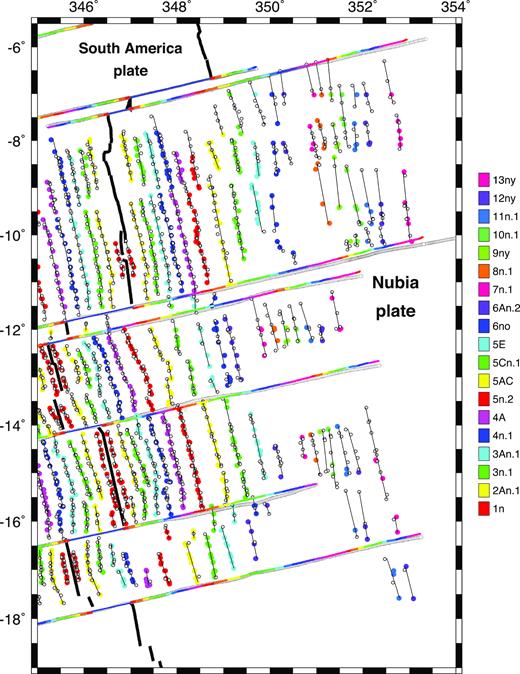 Reconstructions of magnetic reversals and fracture zone flow lines, 6–19°S, limited for clarity to 19 of the 37 reversals selected for this study. The reversal crossings and fracture zone flow lines were all reconstructed using the best-fitting rotations in Table S2 (Supporting Information). The solid symbols show reversal crossings at their original locations. The open symbols show reversal crossings rotated onto the opposite plate. The solid black line marks the present Mid-Atlantic Ridge axis. Thin black lines are the best, reconstructed great circle segments. The open white circles show the digitized fracture zone crossings. Maps S1 to S9 in the Supporting Information show large-scale reconstructions of all 37 reversals overlaid on bathymetry.