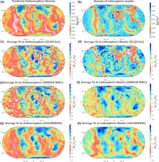 Comparison between the density structure of the lithosphere and sublithospheric upper mantle as predicted by LithoRef18 and seismic anomalies from three global tomography models: SL2013sv (Schaeffer & Lebedev 2013), SEMUCB-WM1 (French & Romanowicz 2014) and S362WMANI (Kustowsky et al. 2008). See text for details. All fields have been interpolated to a 1° × 1° for illustration purposes.