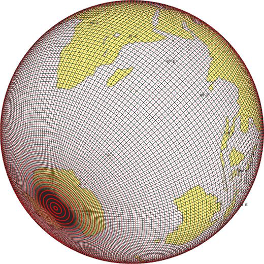 Horizontal discretization as a 2° × 2° fixed grid. The red points are the surface centroids of the tesseroids and indicate observation/calculation points.