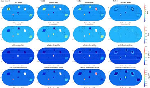 Results from synthetic tests using different initial models in the inversion. The true model is shown in the leftmost column. Test 1 uses an initial model that is close to the true model. Test 2 uses an initial model that is farther away from the true model, yet still within reasonable limits. In Test 3, the initial model is a spherically symmetric model (i.e. flat surfaces) with no information of any anomaly or discontinuity; this is an unrealistic worse-case scenario in practical applications.